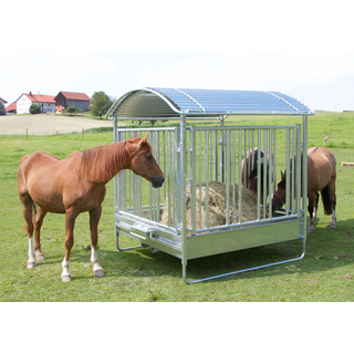 Pferde-Viereckraufe mit Sicherheitsfressgitter & Dach, 12 Futterplätze